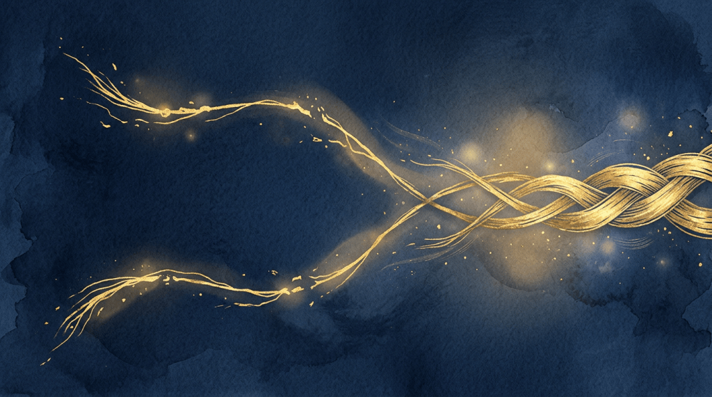 Flowing golden strands and sparkles across a dark navy watercolor background
