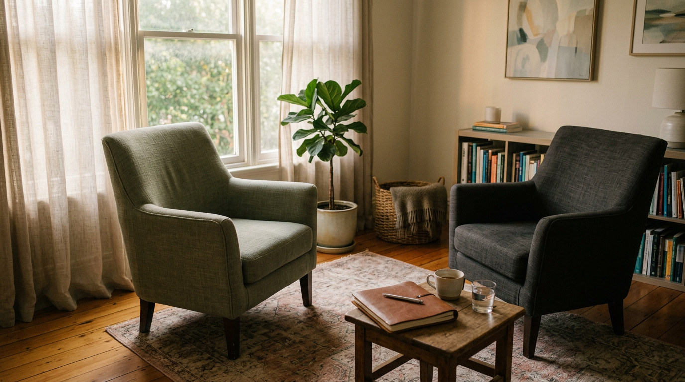 Two armchairs beside a window, plant, bookshelf, and coffee table