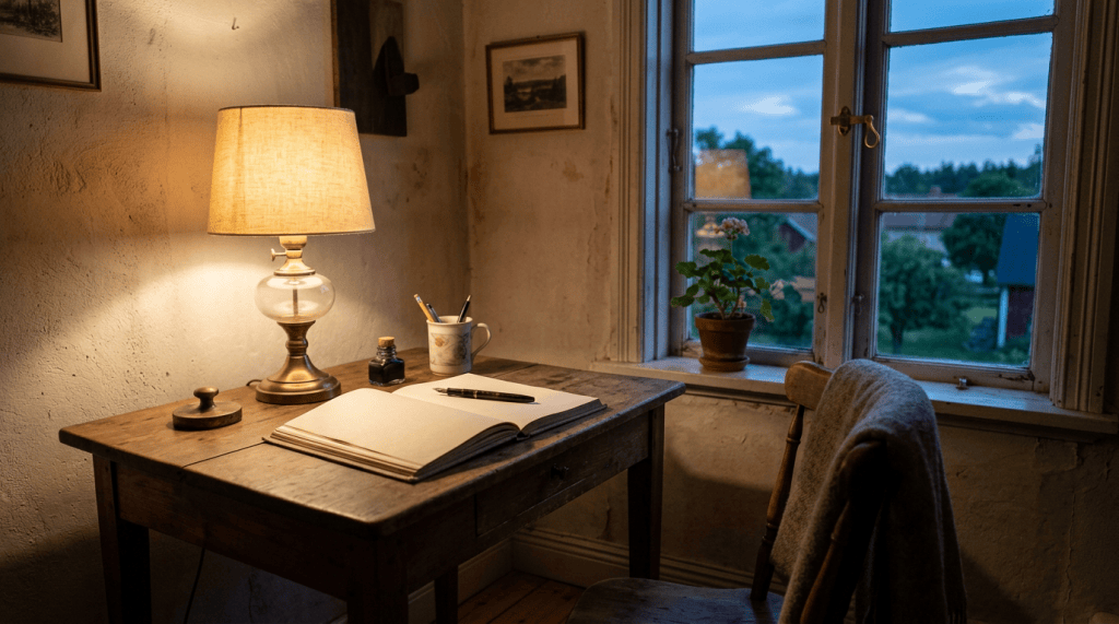 Writing desk with open notebook, lamp, pen, and countryside view