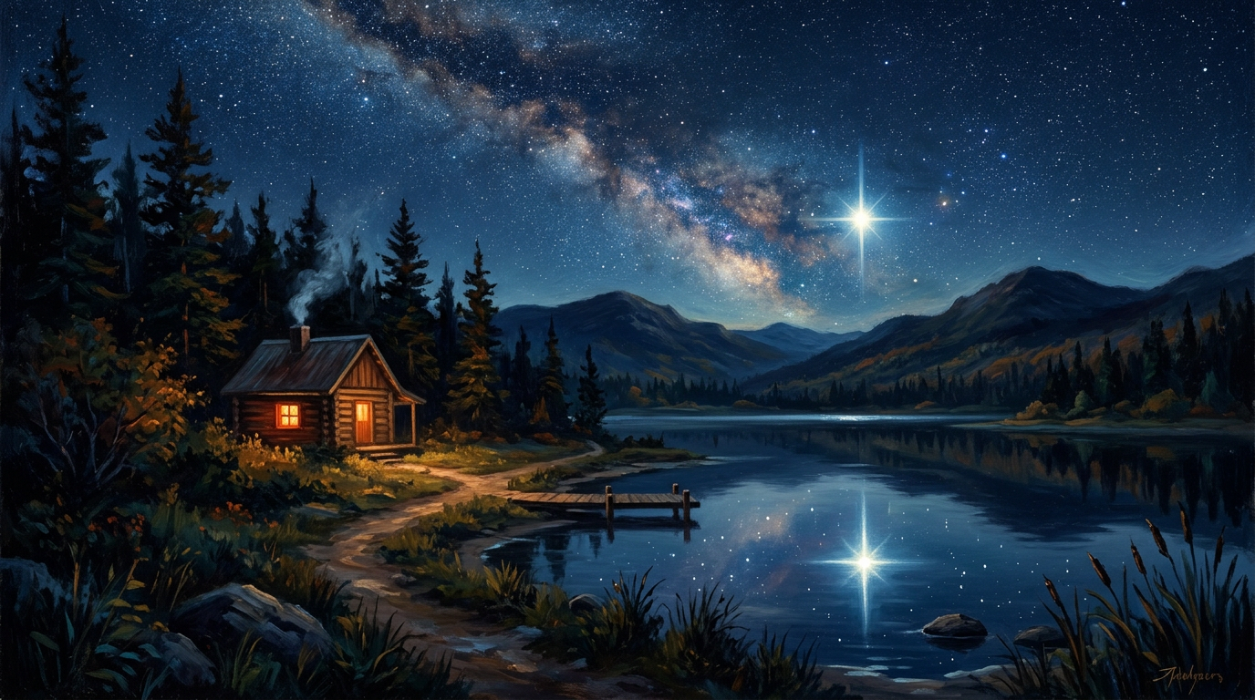 Warmly lit cabin beside a mountain lake under the Milky Way